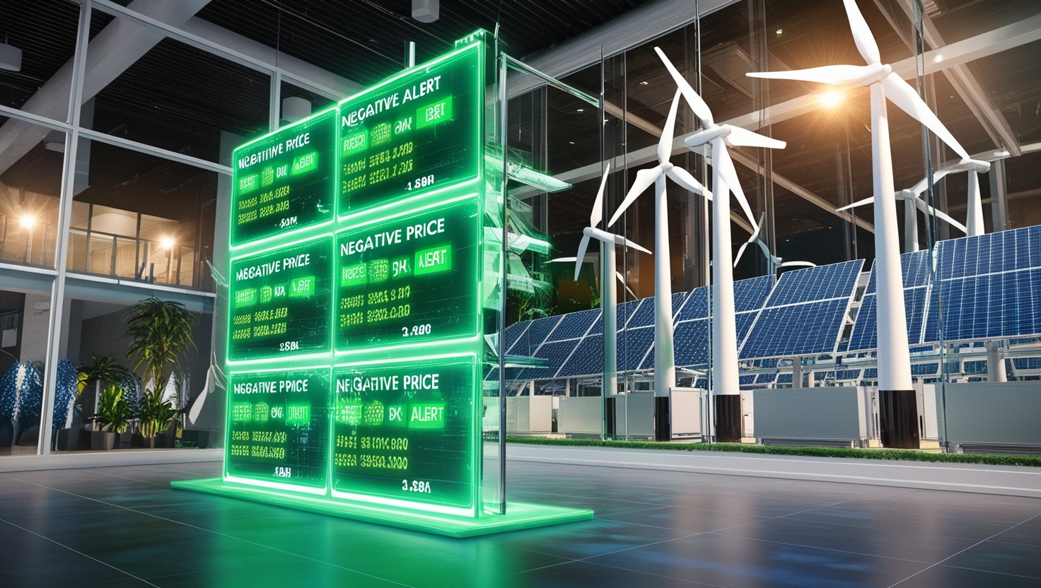 Negative-Preise-Tafel mit Solar und Wind im Hintergrund