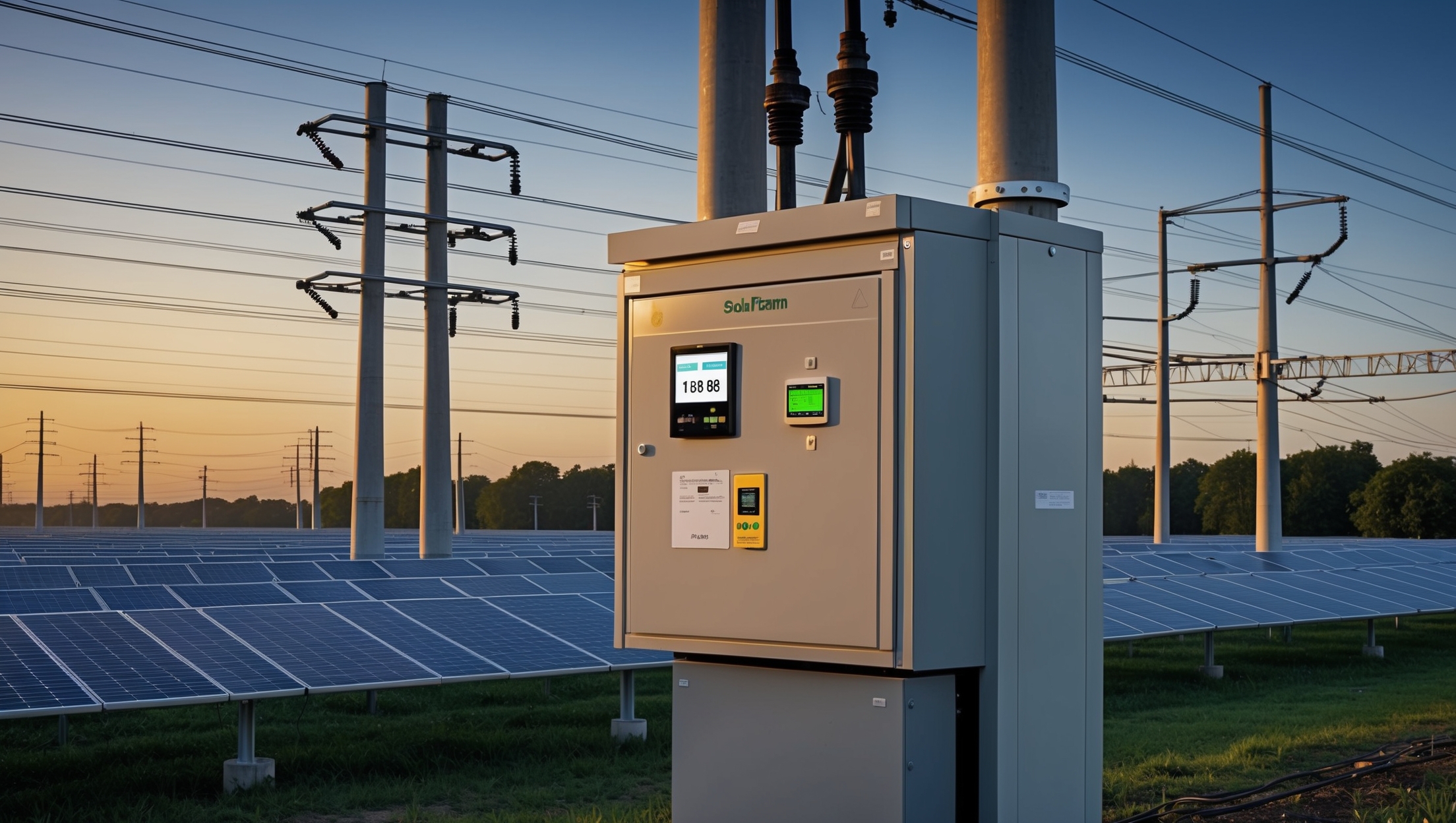 Solarpark mit Einspeise-Schaltschrank und Stromzähler