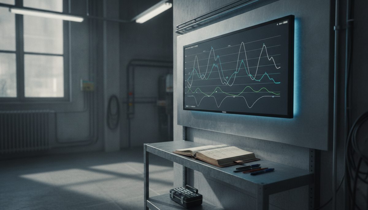 Wandmonitor mit Trendkurven und Wartungslogbuch im Technikraum — laufende Überwachung