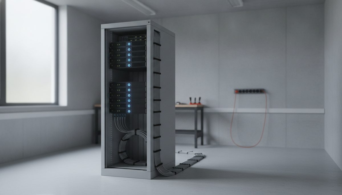 Kompakter Serverschrank im Technikraum eines Mittelständlers — lokale Hardware vor Ort